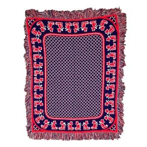 Vintage Baby Blanket- Little Set - Red, White, Blue Teddy Bear Fringe  42” x 31"